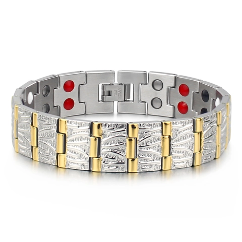 Herren Edelstahl Magnettherapie Armband Doppelreihige Energiesteine Gold Silber Bicolor Breites Gliederkette Armband Schmuck