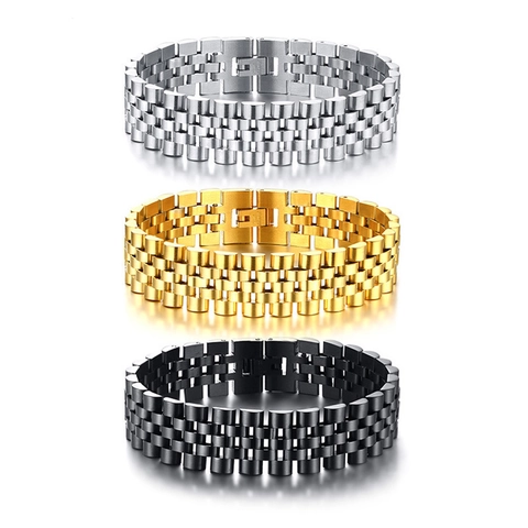 Men Stainless Steel Watch Band Link Bracelet Jubilee Style Presidential Chain Jewelry For Business Daily Wear Gold Black Silver