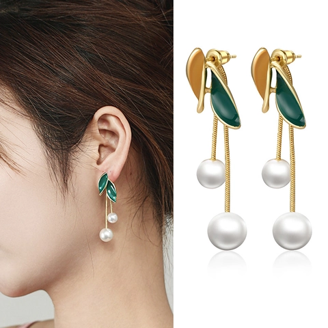 Elegante Goldene Grüne Blatt Emaille Künstliche Perlen Ohrhänger Lange Quasten Legierung Drop Ohrringe Für Damen Schmuck