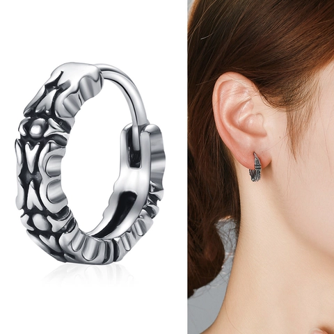 Vintage Punk Gothic Embossed Hoop Earring Stainless Steel Huggie Single Earring For Men Women Hip Hop Jewelry Gift