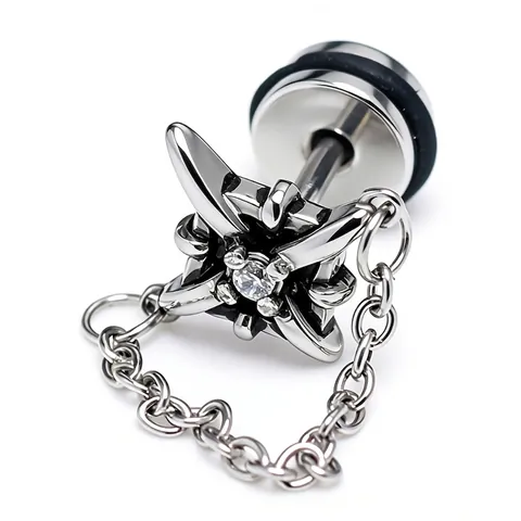 Punk Orecchini a Bottone con Croce in Acciaio Inossidabile e Catena di Strass per Uomo Hip Hop Argento Gioielli Decorativi Unisex
