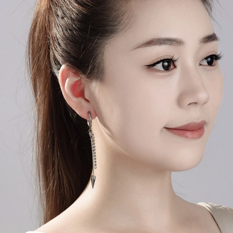 Punk Titanium Steel Long Drop Earrings For Unisex Silver Spike Cone Chain Minimalist Industrial Style Hip Hop Jewelry Piercing
