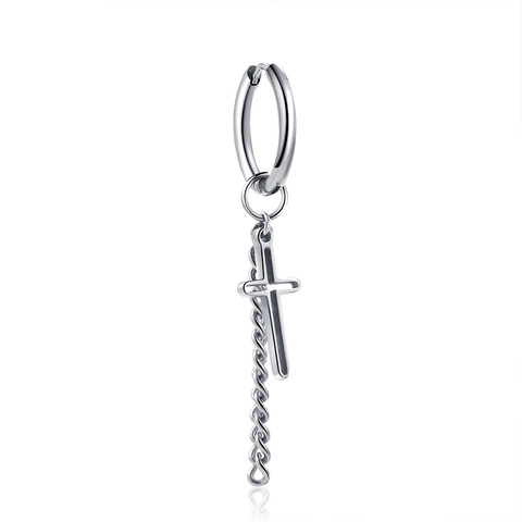 Orecchini a Cerchio con Croce e Catena in Acciaio al Titanio Vintage Retro Hip Hop Punk Orecchini Pendenti Argento Gioielli Unisex