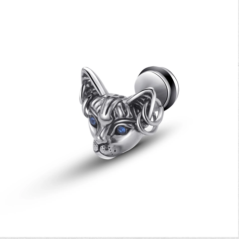 Vintage Gothic Sphinx Cat Head Stud Earring For Men Women Titanium Steel Punk Antique Silver Animal Rhinestone Jewelry