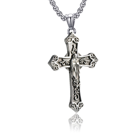 Collana con Ciondolo a Croce in Acciaio Inossidabile Vintage per Uomo Religioso Vergine Maria Rilievo Runa Cavo Hip Hop Gioielli