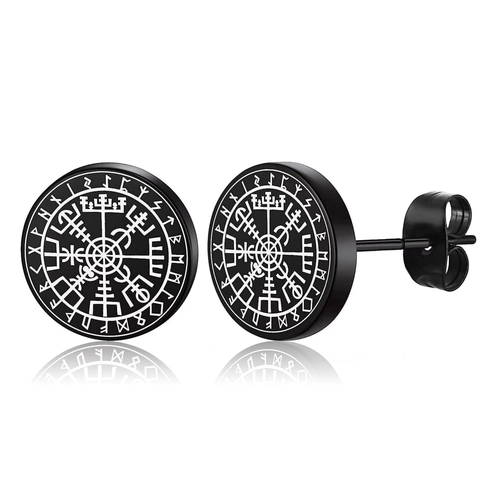 Stainless Steel Viking Rune Stud Earrings Nordic Compass Vegvisir Black Round Earring For Men Women Punk Vintage Jewelry