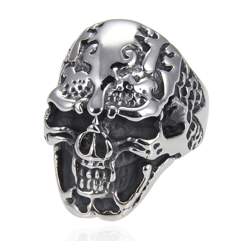 Anello Teschio in Acciaio Inossidabile Vintage per Uomo Punk Biker Gothic Bold Skeleton Head Finger Ring Retro Gioielli