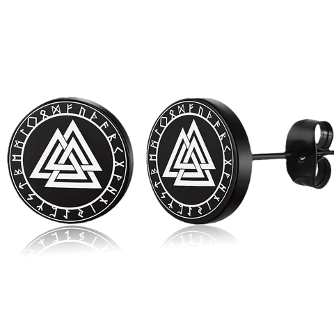Viking Runen Valknut Oorknopjes Roestvrij Staal Noordse Punk Stijl Sieraden Voor Heren Dames Zwart Zilver Ronde Oorbellen