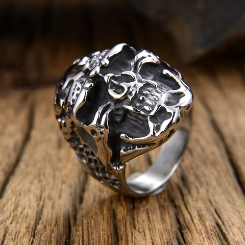 Anello Teschio in Acciaio Inossidabile Vintage per Uomo Punk Biker Gothic Bold Skeleton Head Finger Ring Retro Gioielli