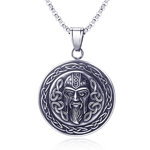 Retro Stainless Steel Viking Warrior Pendant Necklace For Men Nordic Celtic Knot Round Medal Box Chain Hip Hop Jewelry