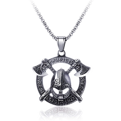 Collar de Colgante de Casco de Guerrero Vikingo y Hachas Cruzadas para Hombre Acero Inoxidable Vintage Runas Joyería