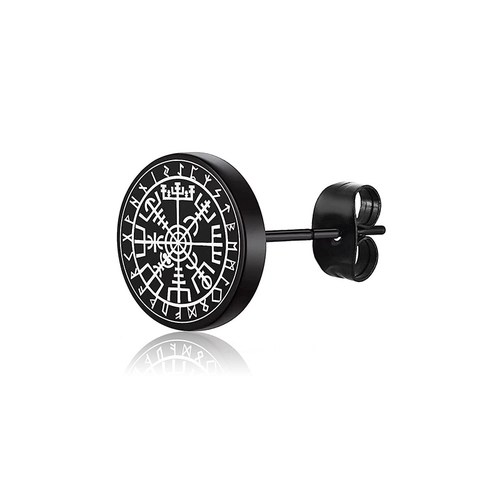 Stainless Steel Viking Rune Stud Earrings Nordic Compass Vegvisir Black Round Earring For Men Women Punk Vintage Jewelry