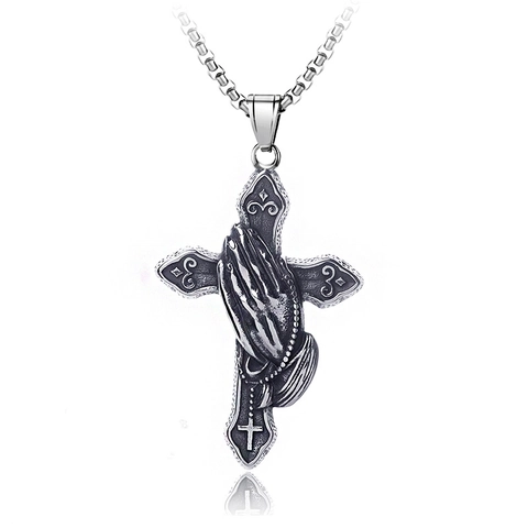 Vintage Edelstahl Betende Hände Kreuz Anhänger Halskette Für Herren Damen Retro Hip Hop Religiöser Schmuck Antik Silberton Titanstahl Kette