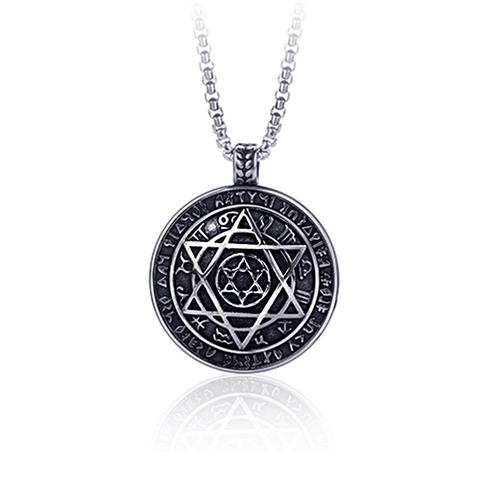 Collana con Pendente Esagramma in Acciaio Inossidabile Vintage Hip Hop Guerriero Targhetta Rotonda Rune Nordiche Amuletto Gioielli Streetwear