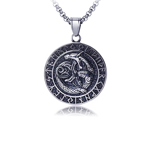 Collar de Acero Inoxidable con Colgante de Runa de Guerrero Vikingo Nórdico Vintage para Hombre Plata Antigua Dragón Mitología Punk Hip Hop Joyería