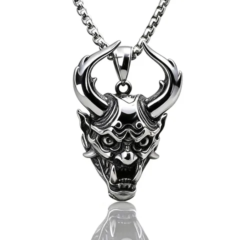 Collana con Pendente Maschera Hannya in Acciaio al Titanio per Uomo Collana Guerriero Testa di Lupo Retro Punk Gioielli Hip Hop