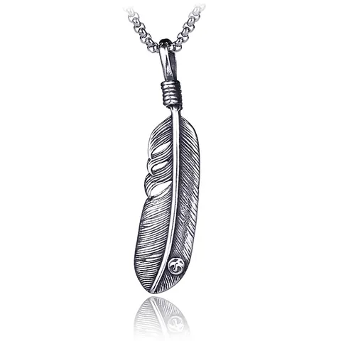 Collar con Colgante de Pluma de Acero Inoxidable Vintage para Hombre Hip Hop 316L Cadena Plata Antigua Joyería