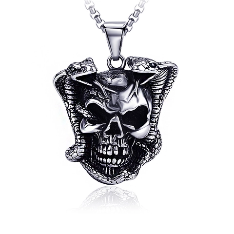 Punk Titanium Steel Skull Cobra Pendant Necklace For Men Vintage Gothic Rock Jewelry Distressed Biker Charm With Box Chain