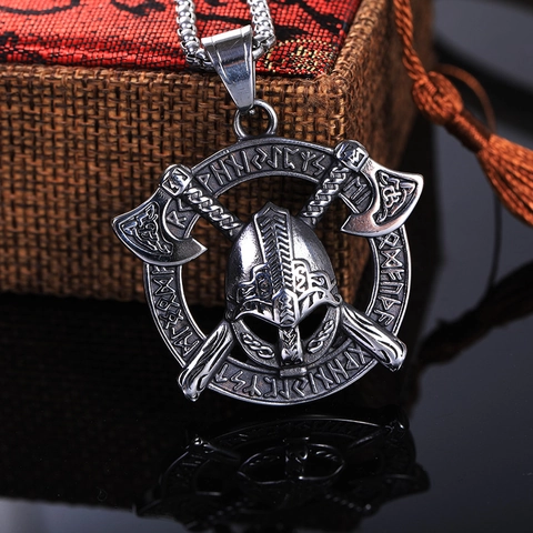 Collar de Colgante de Casco de Guerrero Vikingo y Hachas Cruzadas para Hombre Acero Inoxidable Vintage Runas Joyería