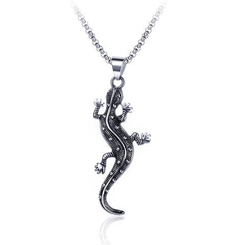 Collana Gotica Vintage con Pendente Geco in Acciaio Inossidabile Finitura Ossidata Gioielli Punk Animali per Uomo