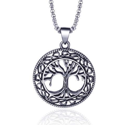Vintage Edelstahl Baum des Lebens Totenkopf Anhänger Halskette Herren Damen Retro Keltischer Knoten Rund Schmuck