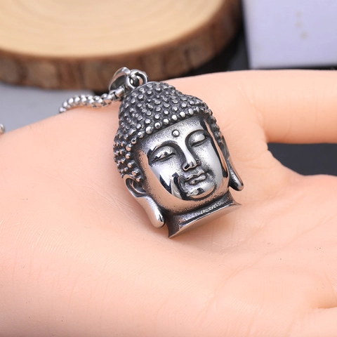 Collar de Colgante de Cabeza de Buda Vintage Acero de Titanio Religioso Shakyamuni Plata Antigua Joyería Punk Hip Hop para Hombres Mujeres