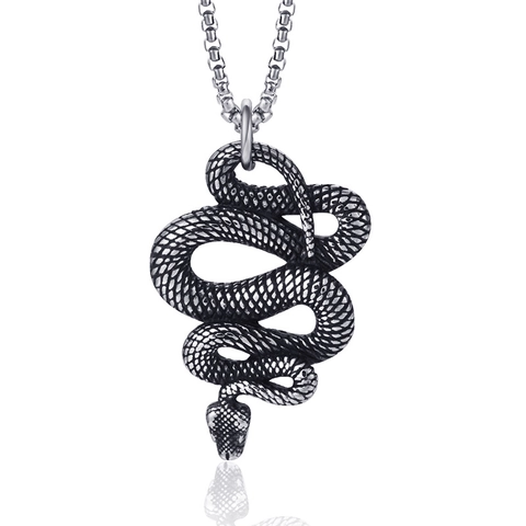 Vintage Viking Snake Pendant Necklace For Men Women Stainless Steel Animal Serpent Pendant With Square Pearl Chain Jewelry