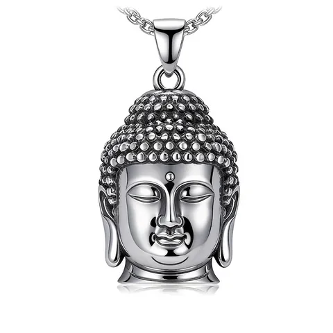 Collar de Colgante de Cabeza de Buda Vintage Acero de Titanio Religioso Shakyamuni Plata Antigua Joyería Punk Hip Hop para Hombres Mujeres