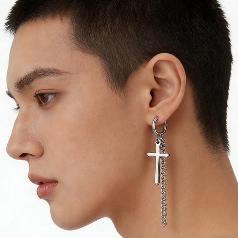 Minimalista Acciaio Inossidabile Croce Catena Orecchini a Cerchio Per Donna Uomo Hip Hop Punk Stile Singolo Piercing Gioielli