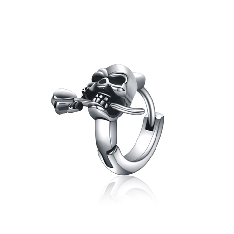 Gothic Punk Titanium Steel Skull Rose Stud Earring Retro Silver Polished Skeleton Flower Earring Halloween Party Jewelry