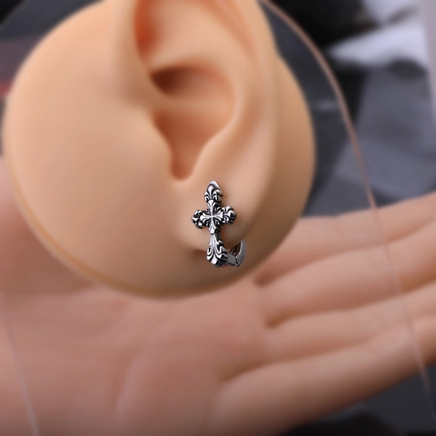 Stainless Steel Copper Mens Gothic Cross Huggie Hoop Earrings Antique Silver Vintage Hip Hop Fleur De Lis Jewelry