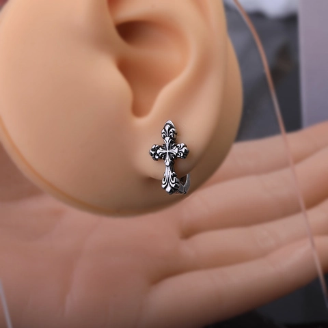 Stainless Steel Copper Mens Gothic Cross Huggie Hoop Earrings Antique Silver Vintage Hip Hop Fleur De Lis Jewelry
