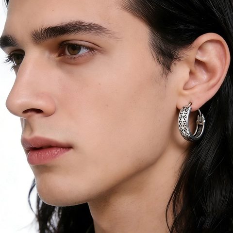 Orecchini a Cerchio in Acciaio Inossidabile Vintage da Uomo con Motivo a Volute Traforato Stile Punk Invecchiato Gioielli