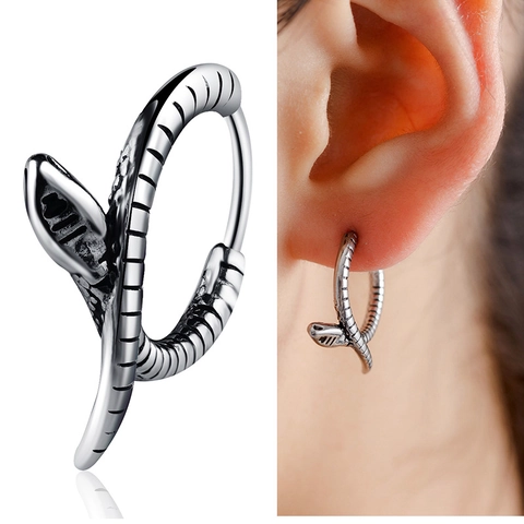 Retro Titanium Steel Snake Hoop Earring Vintage Distressed Pattern Hip Hop Gothic Earring For Men Women Jewelry Accessory