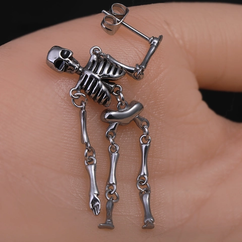 Orecchini a Goccia con Teschio di Scheletro in Acciaio Inossidabile Punk Gothic Per Uomo Donna Articolazioni Mobili Gioielli