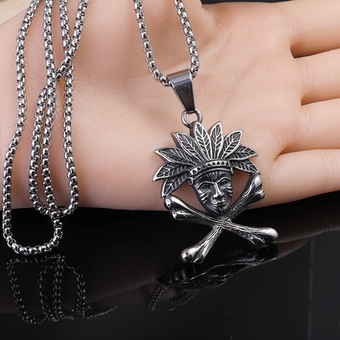 Retro Stainless Steel Indian Chief Skull Pendant Necklace For Men Hip Hop Gothic Tribal Feather Crossbones Punk Jewelry