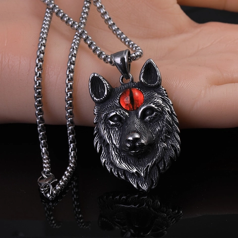 Collana con Ciondolo a Testa di Lupo in Acciaio al Titanio Vintage per Uomo Punk Gothic Hip Hop Guerriero Strass Rosso Occhio