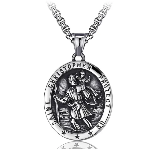 Collier Pendentif Saint Christophe en Acier Inoxydable Vintage pour Hommes Femmes Argent Antique Médallion Amulette Religieuse en Relief Bijoux