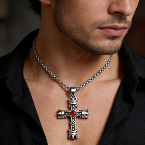 Collar con Colgante de Cruz de Acero Inoxidable Gótico para Hombres Mujeres Detalle de Corona Rétro Strass Rojo Joyería Religiosa Hip Hop