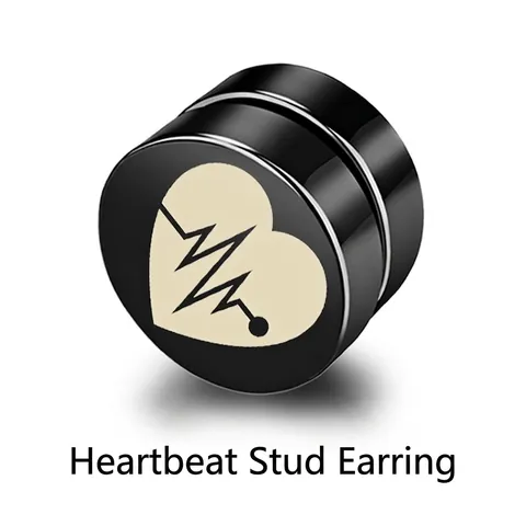 Orecchini Magnetici a Bottone in Acciaio al Titanio Nero per Uomo Donna Senza Buco Motivo ECG Battito Cardiaco Punk Rock
