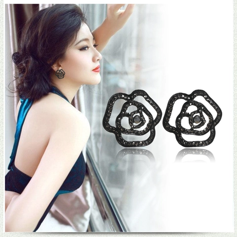 Schwarze Rosen-Ohrstecker Für Damen Hohles Kamelien-Design Retro Luxus Legierung Strass Eingelegt Nachtclub Party