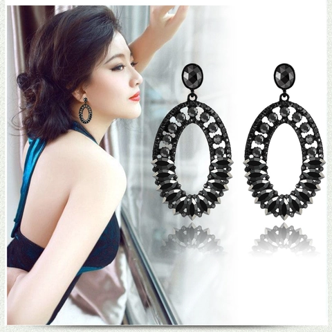 Exaggerated Vintage Black Rhinestone Oval Drop Earrings For Women Elegant Nightclub Long Dangle Earrings Party Jewelry
