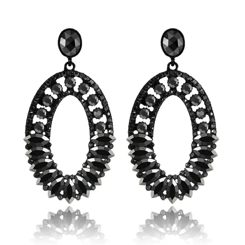 Exaggerated Vintage Black Rhinestone Oval Drop Earrings For Women Elegant Nightclub Long Dangle Earrings Party Jewelry