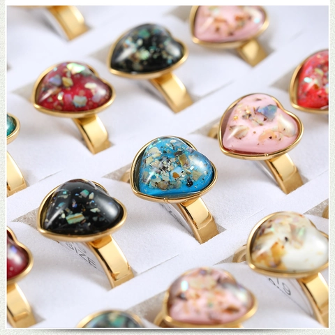 Lussuosi Anelli in Acciaio Inossidabile a Cuore in Resina in Scatola Multicolore con Brillantini Gioielli di Moda per Donna