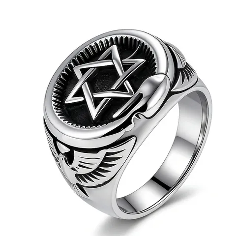 Vintage Titanium Steel Hexagram Skull Ring For Men Punk Gothic Eagle Wings Carved Band Antique Silver Retro Jewelry Gift