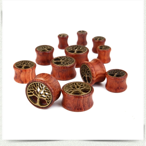 Vintage Tree Of Life Wood Ear Plugs Alloy Inlay Red Brown Wooden Ear Gauges Retro Unisex Body Jewelry Stretching Plugs