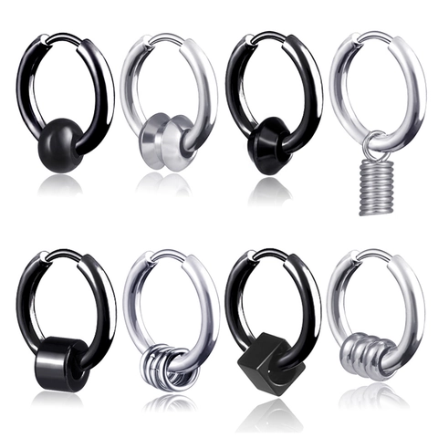 Boucles d'Oreilles Créoles Hip Hop en Acier Inoxydable pour Hommes Avec Pendentifs Punk Géométrique Minimaliste Bijoux de Mode