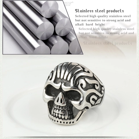 Vintage Gothic Skull Ring For Men Titanium Steel Punk Rock Biker Ring Antique Silver Detailed Carved Halloween Ring Jewelry
