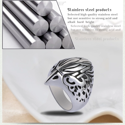 Vintage Eagle Head Stainless Steel Ring For Men Gothic Punk Biker Antique Silver Animal Engraved Statement Finger Ring