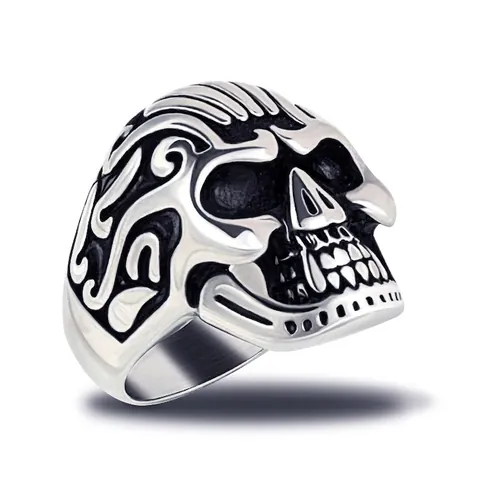 Vintage Gothic Skull Ring For Men Titanium Steel Punk Rock Biker Ring Antique Silver Detailed Carved Halloween Ring Jewelry